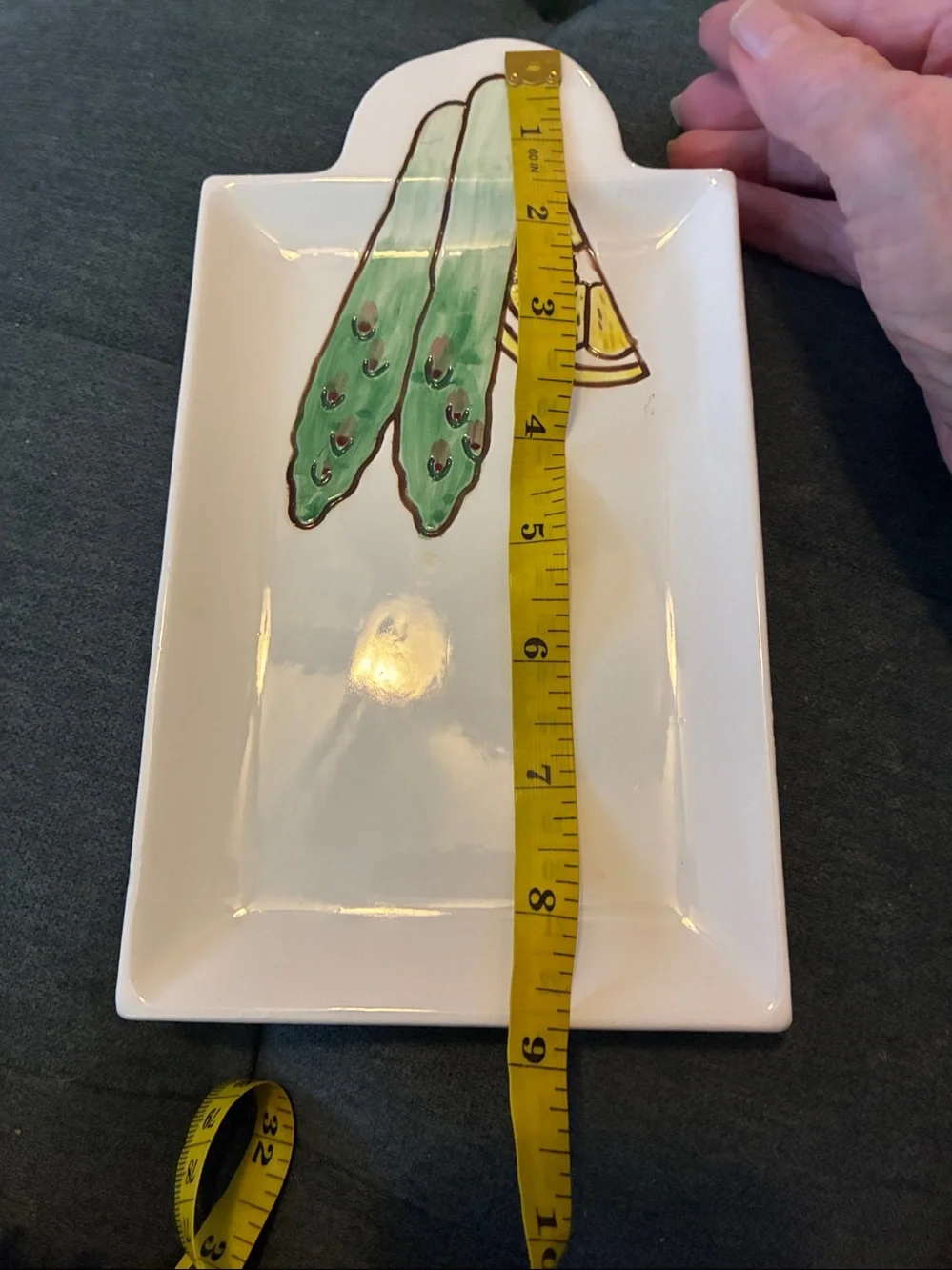 White Ceramic Serving Dish with Green Asparagus and Yellow Lemon Accent
